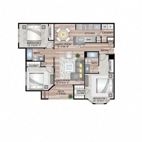 Floor plan for 3 beds, 2 baths, 1330 sqft